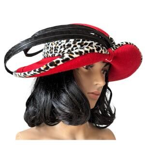 NWT Vintage 1960's Mr. John Classic Hat Red with animal print & large feathers